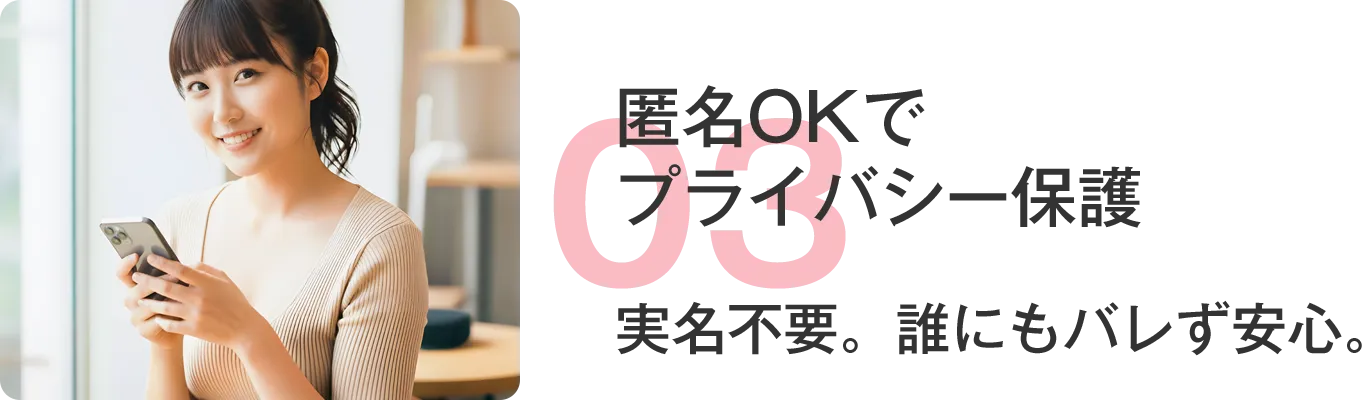 匿名OKでプライバシー保護 実名不要。誰にもバレず安心。